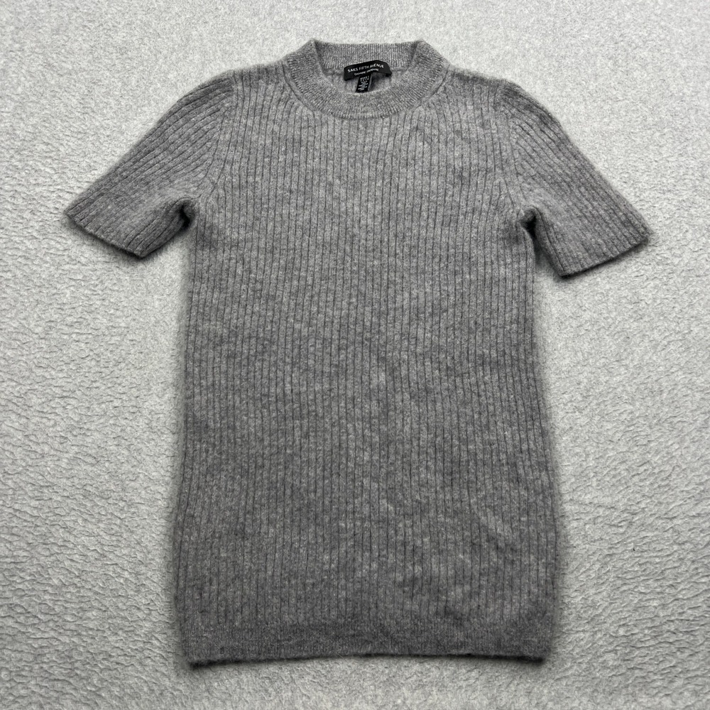 Saks Fifth Avenue Shirt Womens Small Gray Ribbed 100% Cashmere Short Sleeve Crew